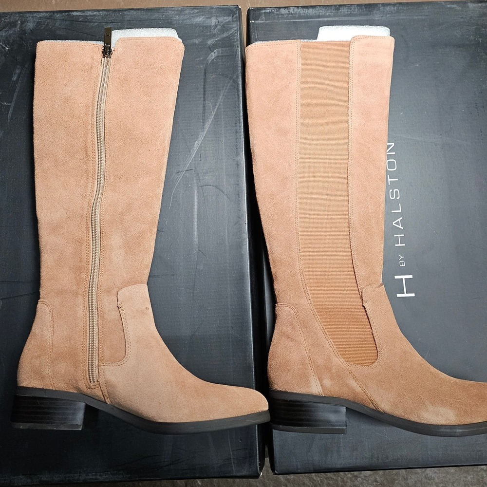 H by Halston Naomi Suede Knee High‎ Boots Tan Elastic Side Zip Block Heel 5.5M - Picture 2 of 15
